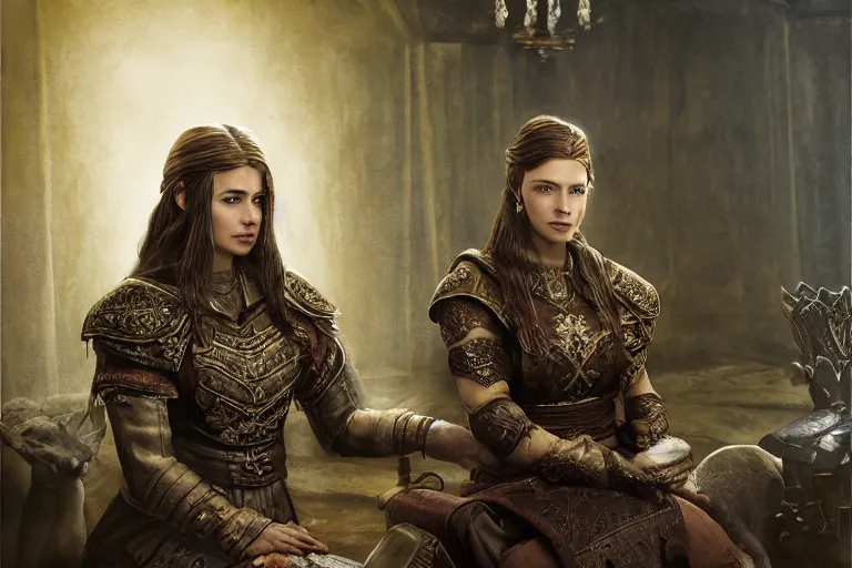 Image similar to the elder scrolls vi, charismatic regal brunette female jarl, portrait, rustic throne room, atmospheric lighting, painted, intricate, volumetric lighting, beautiful, daytime,, slight overcast weather, 4 0 0 0 k, sharp focus, deep colours, ultra detailed, by leesha hannigan, ross tran, thierry doizon, kai carpenter, ignacio fernandez rios