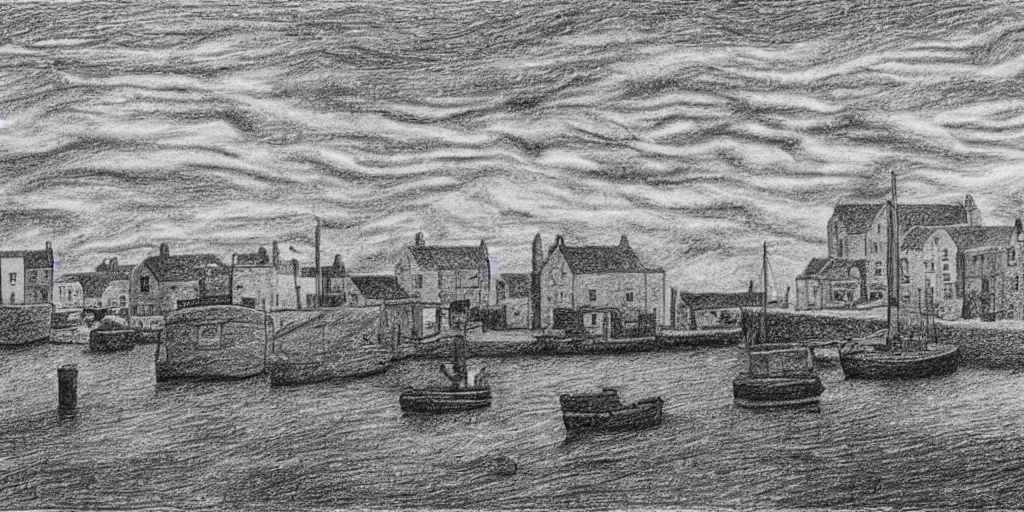 Image similar to a pencil drawing of the harbour at Stromness, orkney islands, small houses, boats, sea, stormy clouds, by Sol LeWitt