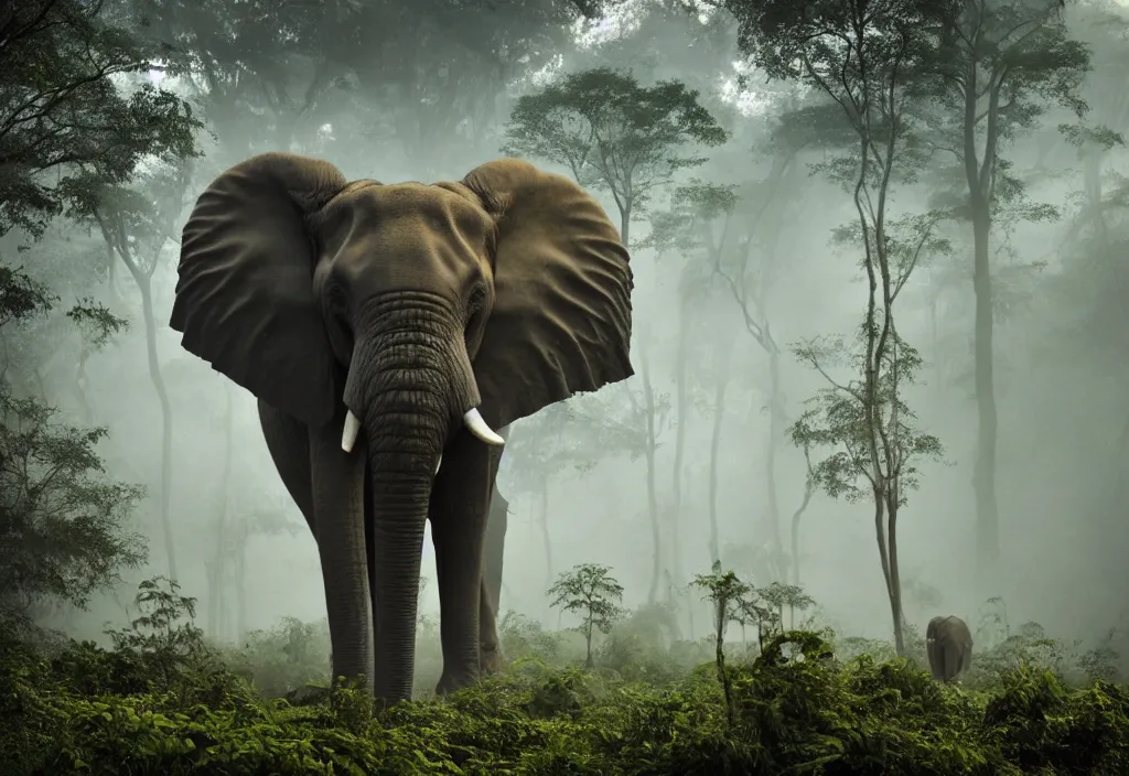 Image similar to an enormous elephant king, in a jungle with ominous light from above, ambient light, fog, river, very poetic