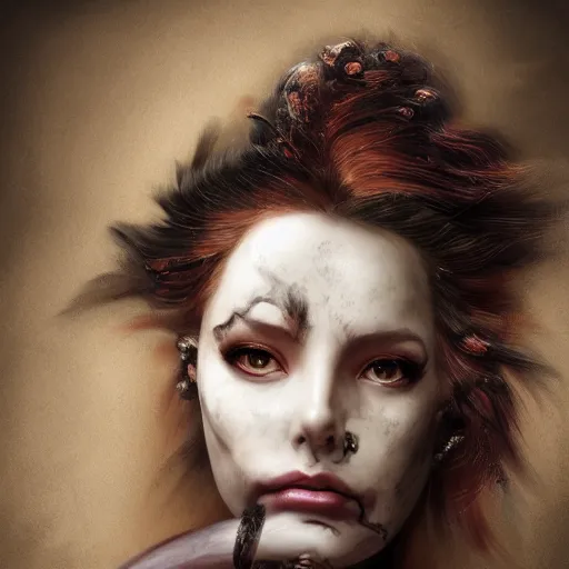 Image similar to portrait of a Shibari rope wrapped face and neck, headshot, insanely nice professional hair style, dramatic hair color, smoke in hair, digital painting, of a old 13th century, traveler, amber jewels, baroque, ornate clothing, scifi, realistic, hyperdetailed, chiaroscuro, concept art, art by Franz Hals and Jon Foster and Ayami Kojima and Amano and Karol Bak,