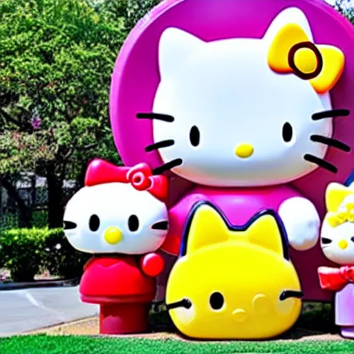 Image similar to sculpture of hello kitty and sanrio characters playing outside at a playground on a sunny day