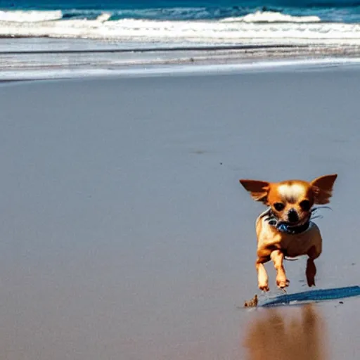 Image similar to a chihuahua running through the surf on the beach