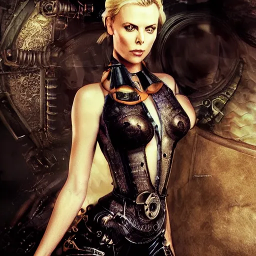 Image similar to beautiful Charlize Theron, perfect face and body, in detailed steampunk dress, smooth, sharp focus, illustration, realistic, cinematic, artstation, cinematic, award winning, original modern artwork, set on H. R. Giger aesthetic, rgb ethereal lighting,8k