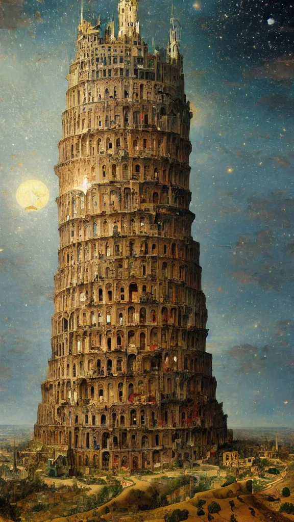 Prompt: a beautiful painting of bruegel's tower of babel, at night with a sky full of stars, intricate, elegant, highly detailed, digital painting, artstation, concept art, by krenz cushart and artem demura and alphonse mucha