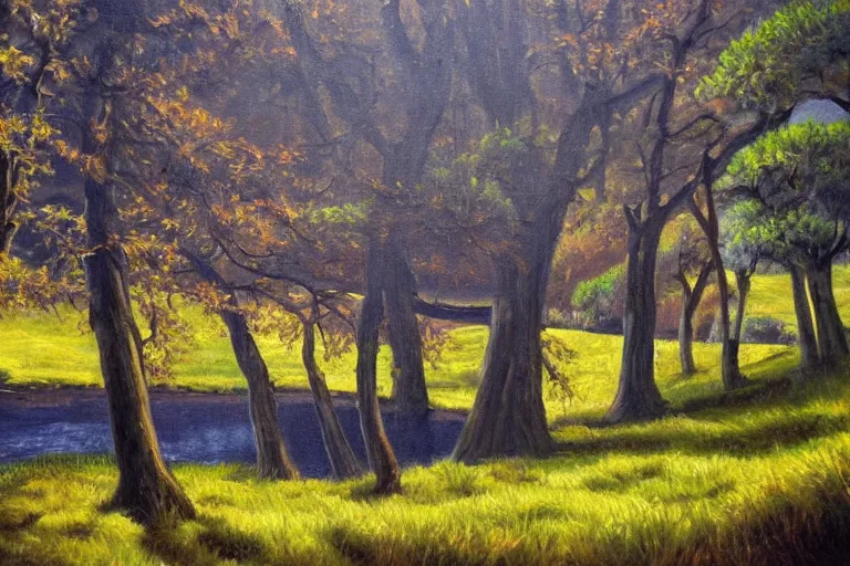 Image similar to masterpiece painting of oak trees on a hillside overlooking a creek, dramatic lighting