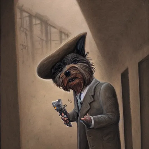 Prompt: detective yorkshire terrier wearing a fedora hat, in a dark alley, by Dan Seagrave art