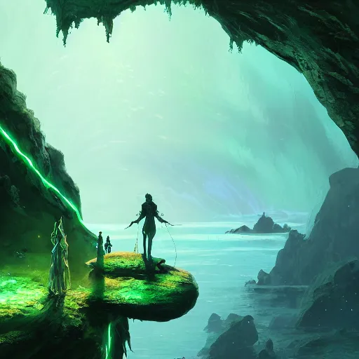 Prompt: a scary glowing green magical portal to another world in darwin's arch, ocean and rock landscape, d & d, fantasy, intricate, elegant, highly detailed, digital painting, artstation, concept art, matte, sharp focus, illustration, art by hayao miyazaki and hideo kojima