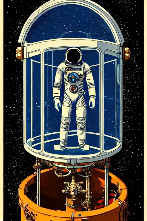 Prompt: steampunk cryo chamber containing an astronaut, high details, intricately detailed, by vincent di fate, inking, 3 color screen print, masterpiece, trending on artstation,, sharp, details, hyper - detailed, hd, 4 k, 8 k