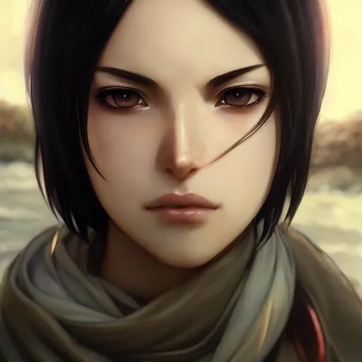 Image similar to mikasa ackerman, bokeh, beautiful face!!!!, 2 7 years old, cg animation, lifelike, animated, realistic, character select portrait, by artgerm, greg rutkowski, alphonse mucha, 3 d