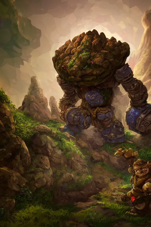 Image similar to zelda fantasy art giant golem troll wood rock greeble gemstone, global illumination ray tracing hdr fanart arstation by sung choi and eric pfeiffer and gabriel garza and casper konefal