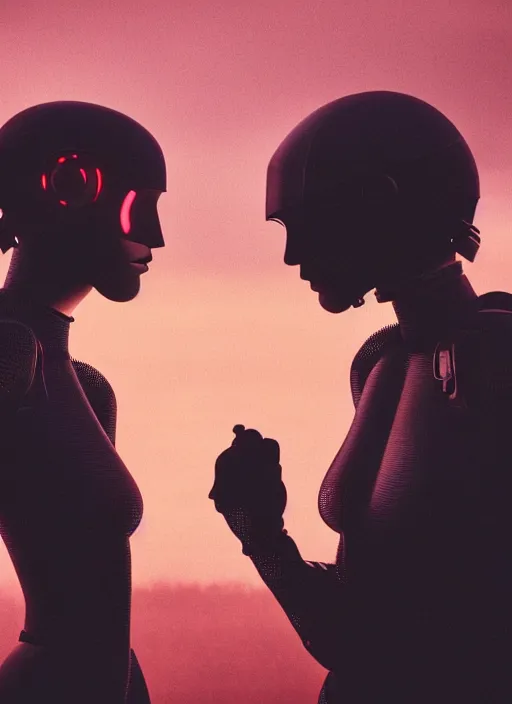 Image similar to cinestill 5 0 d photographic portrait of two loving female androids wearing rugged black mesh techwear on a desolate plain with a red sky, cutout waist, extreme closeup, modern cyberpunk, dust storm, 8 k, hd, high resolution, 3 5 mm, f / 3 2, ultra realistic faces, ex machina, blade runner
