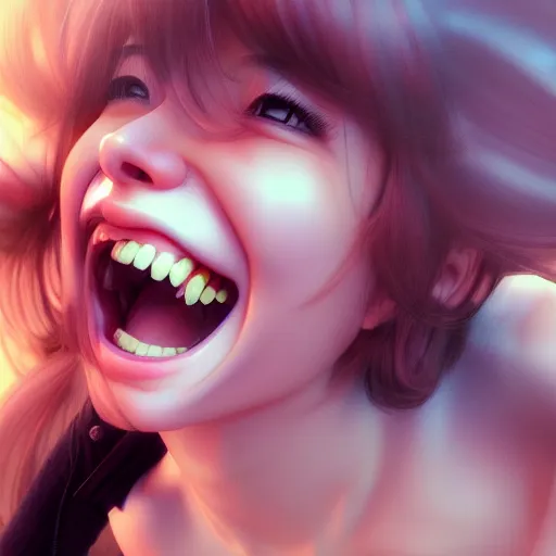 Image similar to portrait of the popular girl laughing at the viewer, by katsuhiro otomo, yoshitaka amano, nico tanigawa, and artgerm rendered with 3 d effect.