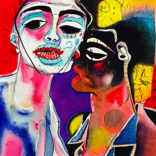 Prompt: watercolor painting of two bizarre psychedelic goth women kissing each other closeup in a space station in japan, speculative evolution, mixed media collage by basquiat and jackson pollock, maximalist magazine collage art, sapphic art, lesbian art, chemically damaged