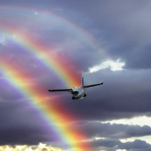 Image similar to Angel-winged limousine flying into a cloudy but sunny pink sky - rainbow on the background