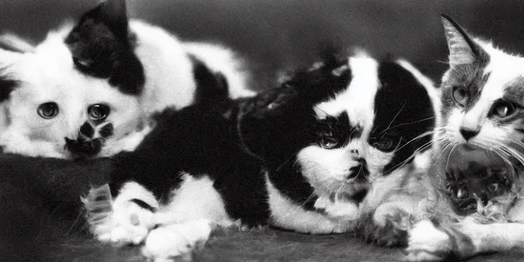 Prompt: very old black and white photo from 1898, film grain, a super cute cat and a super cute dog are best freinds, watching classic movies and eating popcorn silly, funny, cute, awww