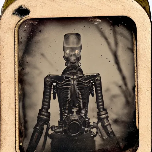 Prompt: tintype vintage photographs of aliens, cryptids, cyborgs, post apocalyptic humans, and time travelers