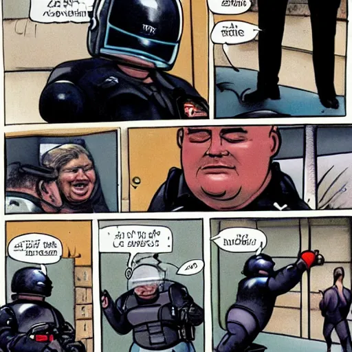 Image similar to robocop arresting obese british people, detailed