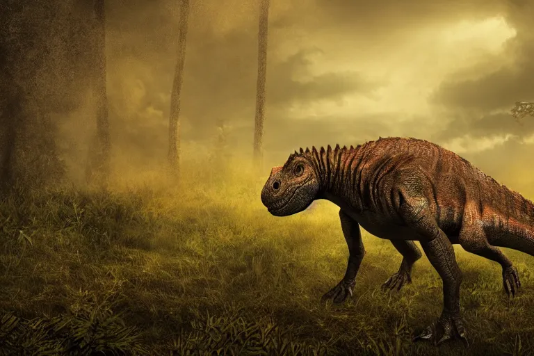 Prompt: Realistic photograph of a tired dinosaur standing in the distance in the style of Dark Naturalism, Jungle Grunge, twilight, glows, detailed, studio quality, hd image,