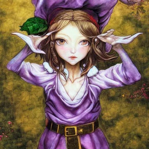 Image similar to little elf girl, santa claus suit, soft hair. light color palate, purple, yellow and white. detailed soft painting, ayami kojima, made in abyss, anatomically correct, inspired in balthus, high detailed face anime, vogue magazine, glorious composition