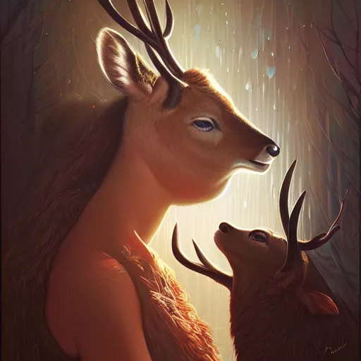 Image similar to a dramatic portrait of a woman showing affection to deer, cinematic lighting, symmetric face by karol bak, christopher balaskas