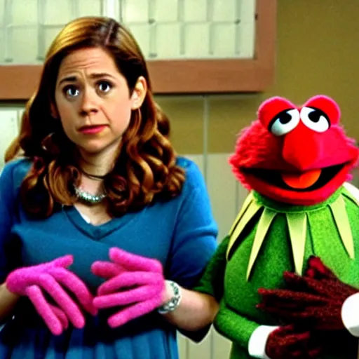 Image similar to film still of muppet!!!!! pam beesly!!!! as a muppet muppet muppet as a muppet in the tv show the muppet office