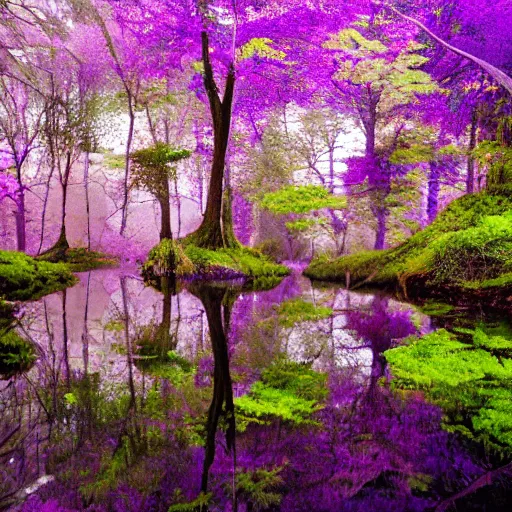 Prompt: ethereal forest with a purple lake