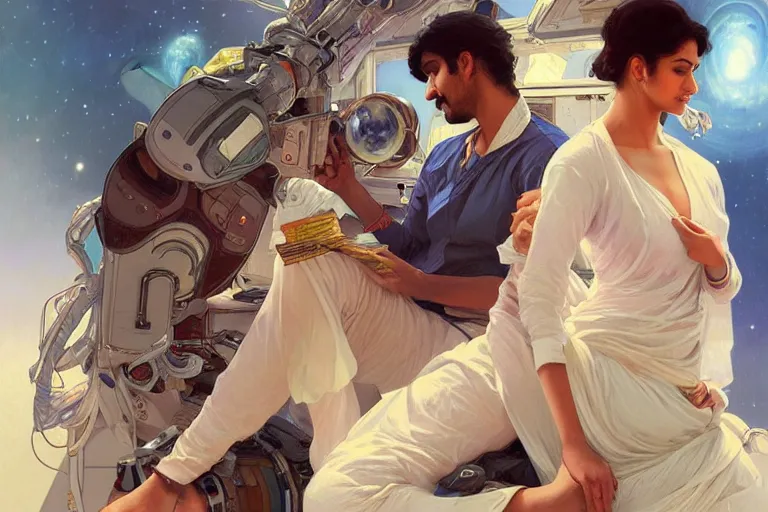 Image similar to Sensual good looking pale young Indian doctors wearing jeans in a space station above Earth, portrait, elegant, intricate, digital painting, artstation, concept art, smooth, sharp focus, illustration, art by artgerm and greg rutkowski and alphonse mucha