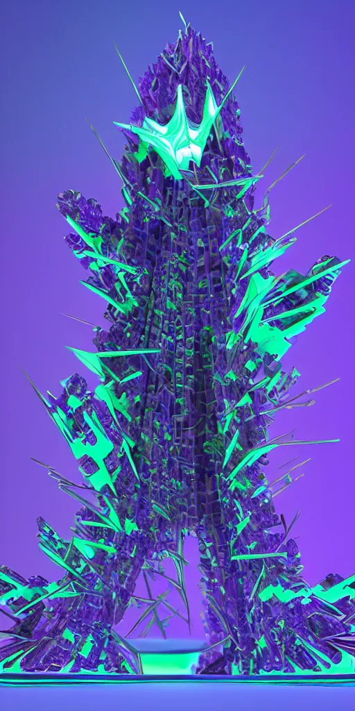 Image similar to 3 d photographic render of a deconstructed asymmetric mandelbulb sculpture, blue bioluminescent chrometype, made of liquid purple metal, neotribal with thorns and green thunders, cyberpunk pyramid, raytraced, hyper realistic, volumetric lightning, 8 k, by zhelong xu and michelangelo