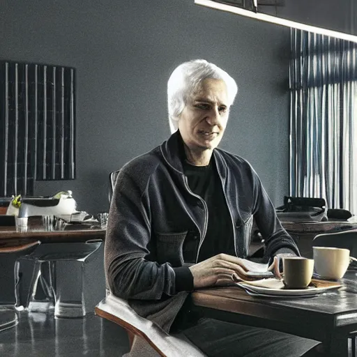 Prompt: Transhuman sitting in a dining room, sipping coffee, cybernetics active