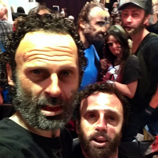 Image similar to selfie shot by a walking dead zombie with rick grimes at comic con