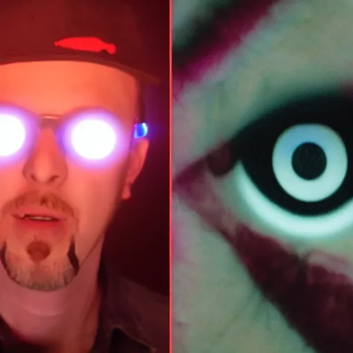 Prompt: Evil Nostalgia Critic Doug Walker furious mad with glowing eyes, lens flare, bloom