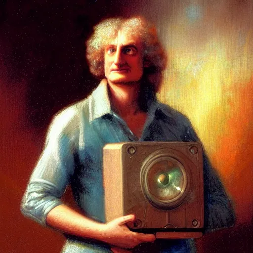 Image similar to portrait of isaac newton holding a 1 9 8 5's computer case, artwork by gaston bussiere, craig mullins, trending on artstation