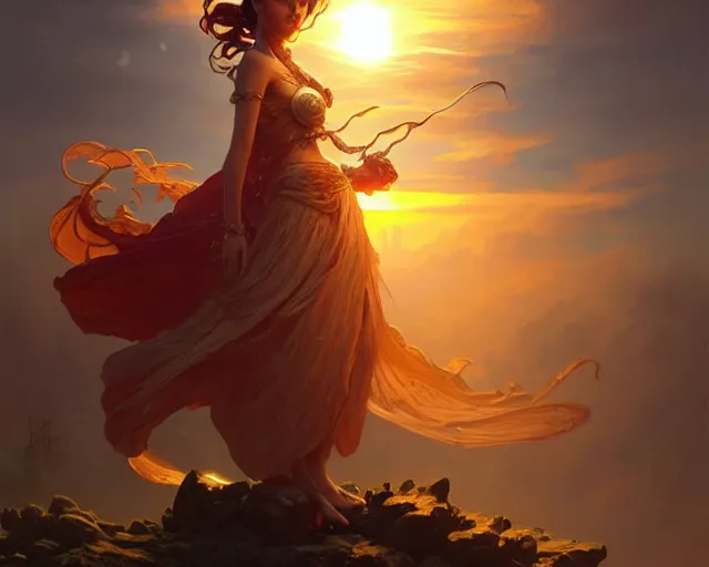 Image similar to a sunset but replace the sun for a flower , D&D, fantasy, intricate, elegant, highly detailed, digital painting, artstation, concept art, matte, sharp focus, illustration, hearthstone, art by Artgerm and Greg Rutkowski and Alphonse Mucha