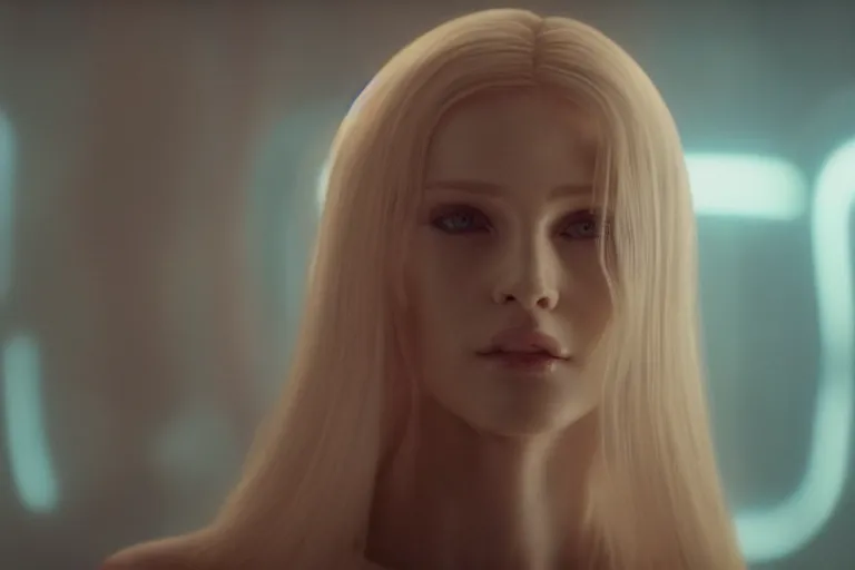 Prompt: a still from bladerunner 2 0 4 9 depicting a medium shot photograph of a beautiful woman with blonde hair. she stands inside a futuristic pod shaped immortality machine. she stares intently into the camera with a hungry expression. sci fi, futuristic, cinematic, low light, soft focus.