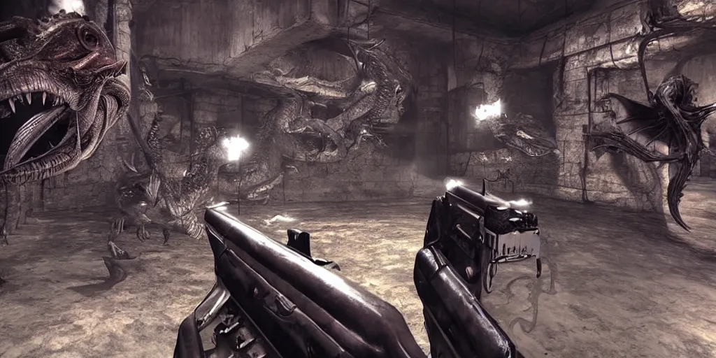 Image similar to Gameplay footage of a first person game with the player shooting a creepy grotesque dragon, designed by H.R Giger and Kojjima, amazing graphics