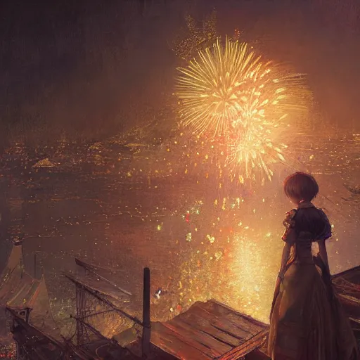 Image similar to a beautiful realistic painting of a firework festival at night time koyosan, intricate, elegant, highly detailed, digital painting, artstation, nier automata concept artsyle, by krenzcushart, artem demura, makoto shinkai, alphonse mucha