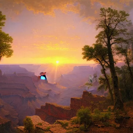 Prompt: A beautiful ultradetailed realistic matte painting of the Grand Canyon by Albert Bierstadt, Emanuel Leutze, and George Caleb Bingham, wallpaper 4K, sunset