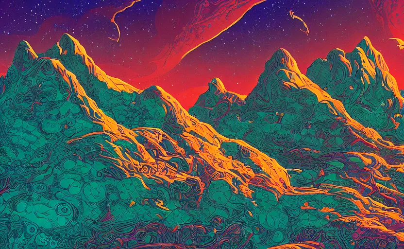 Prompt: mountains, stars and paisley filled sky, artstation, intricate, highly detailed, digital painting, concept art, sharp focus, illustration by Roger Dean and Kilian Eng