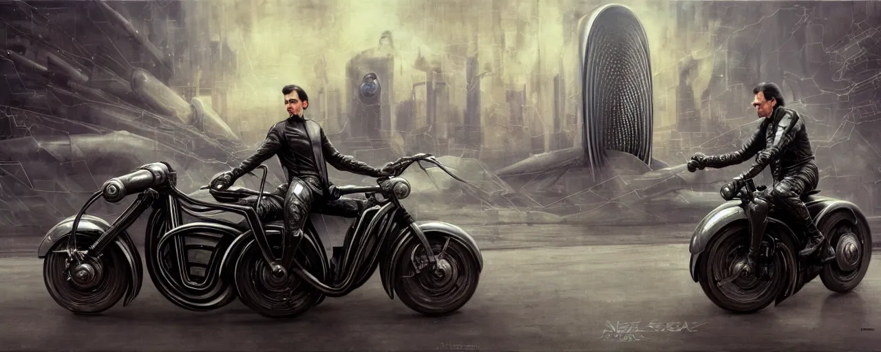 Image similar to nikola tesla riding a futuristic motorbike designed by h. r. giger, nikola is driving through a city with heavy traffic, rule of thirds, uhd 8 k, high detail, masterpiece, cinematic, bokeh, hyperdetailed, photorealistic, hyperrealism, intricate, by stanley artgerm lau, greg rutkowski, moebius