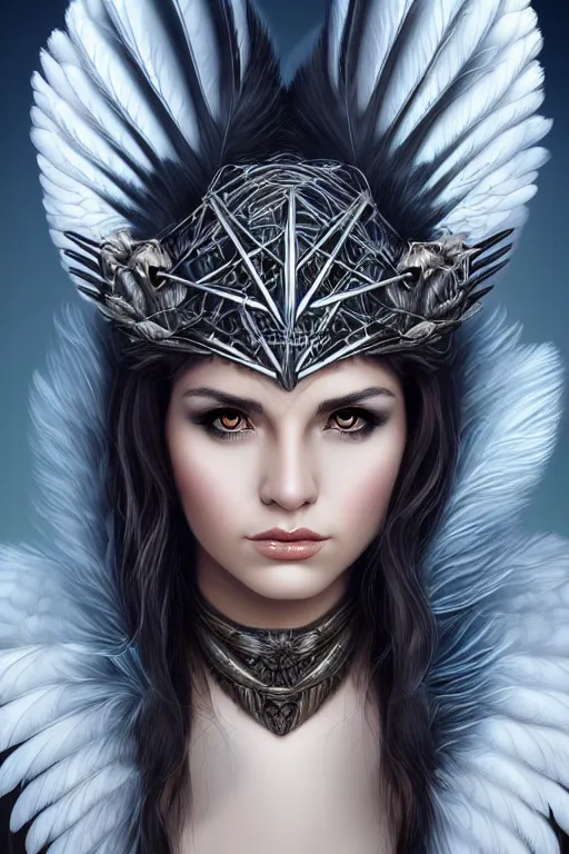 Image similar to head and shoulders portrait of a harpy, eagle wings, feathers, beautiful, female, magical, high fantasy, d & d, by artgerm, face details, extremely detailed, digital illustration