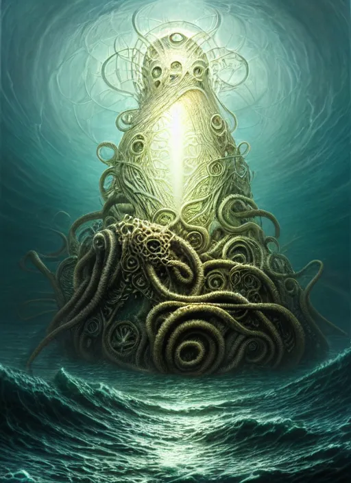 Image similar to cthulu emerging from ocean, a scenic dystopian environment, lovecraftian, intricate, elegant, highly detailed, centered, digital painting, artstation, concept art, smooth, sharp focus, illustration, artgerm, tomasz alen kopera, peter mohrbacher, donato giancola, joseph christian leyendecker, wlop, boris vallejo