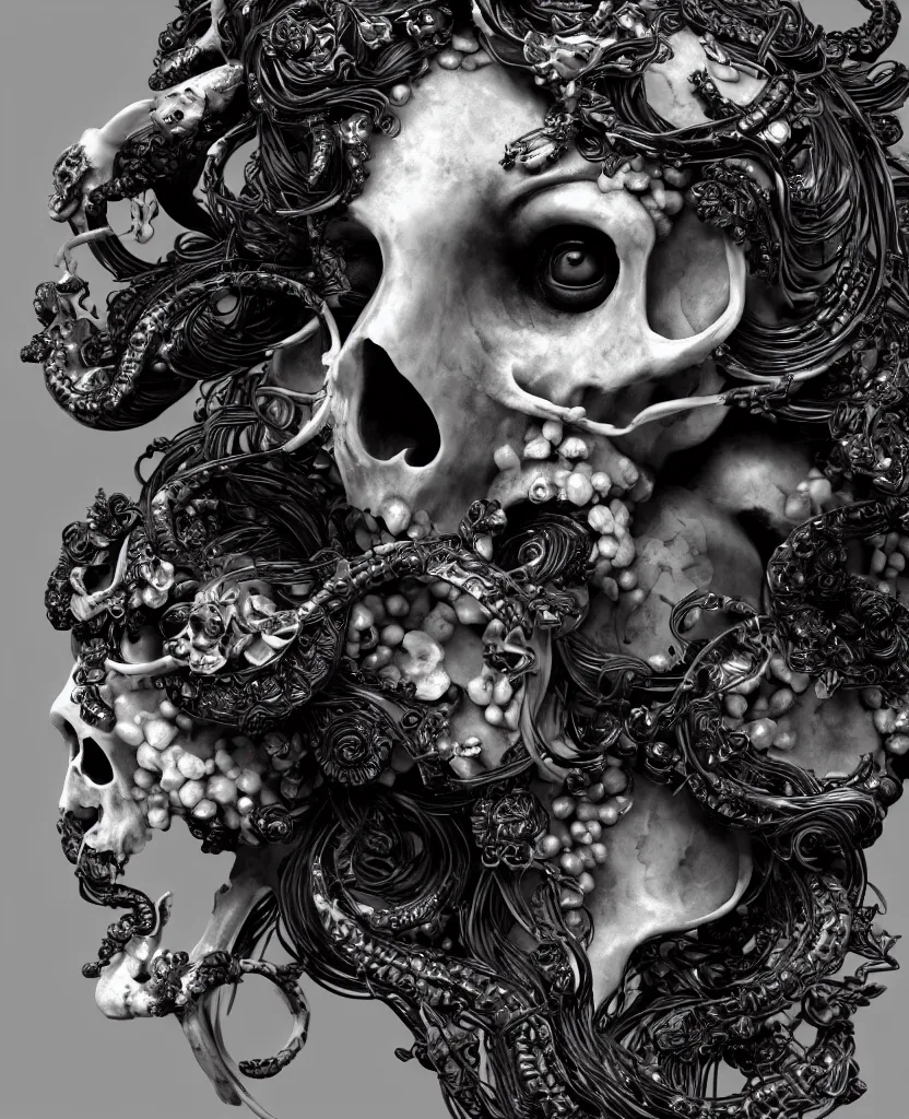 Image similar to goddess princess face close-up portrait ram skull. sculpture made of black obsidian. jellyfish phoenix head, nautilus, orchid, skull, betta fish, bioluminiscent creatures, intricate artwork by Tooth Wu and wlop and beeple. octane render, trending on artstation, greg rutkowski very coherent symmetrical artwork. cinematic, hyper realism, high detail, octane render, 8k