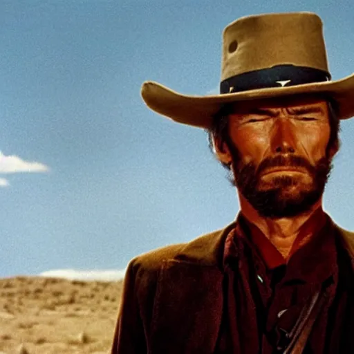 Prompt: clint eastwood squinting at high noon in the style of a clint eastwood movie, the good, the bad and the ugly, clint eastwood, steven seagal, bud spencer, donald trump, glory days, patriotism