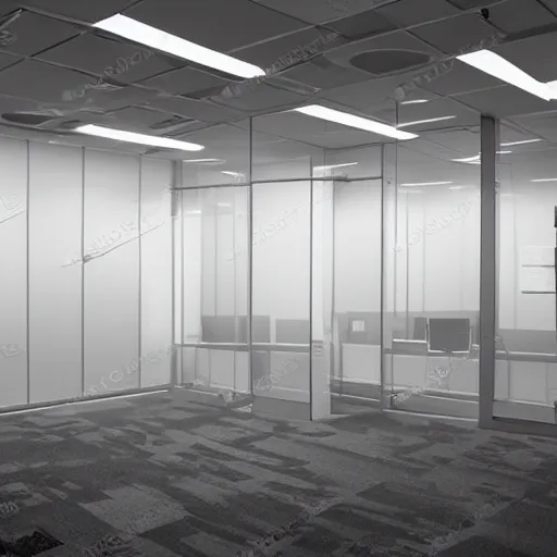 Image similar to an empty office at night, eerie atmosphere, white hue