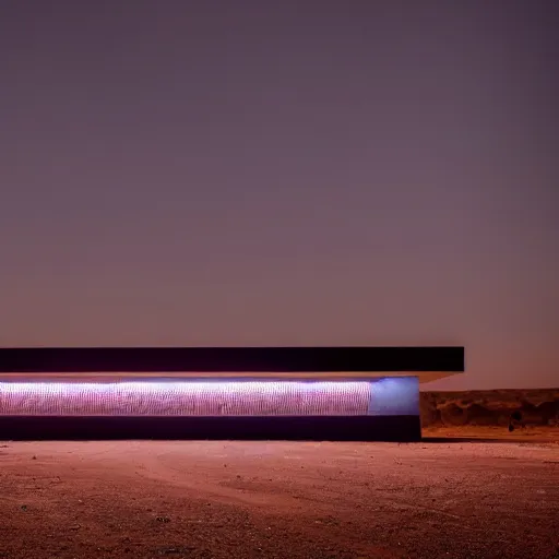 Image similar to concrete structure with neon lights in the middle of a desert, minimalistic architecture, at night, dark, surreal, open space, light art, james turrel,