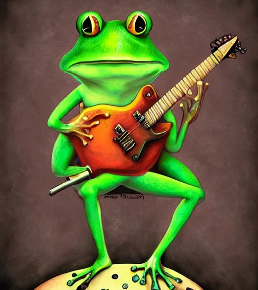 Image similar to a frog playing guitar on a hallucinogenic mushroom by nikolina petolas
