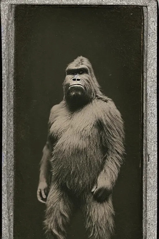 Image similar to a tintype photograph of bigfoot