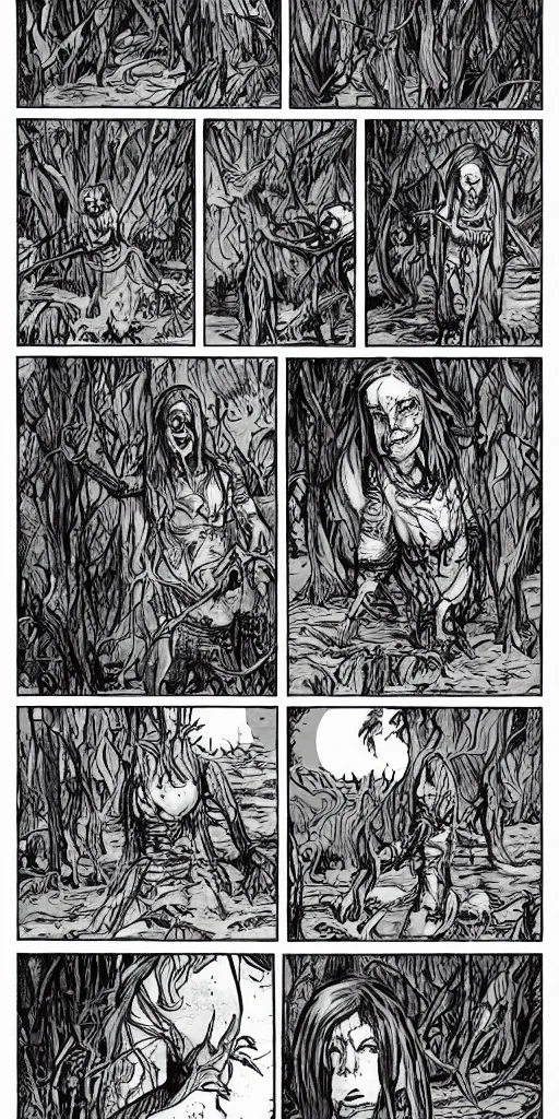 Image similar to multi - panel page from a highly detailed horror comic. swamp. woman. creature. terror. ink.