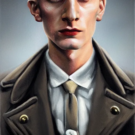 Image similar to A Hearts of Iron IV portrait of a blond young German actor with high cheekbones. Good bone structure. Dressed in 1940s style. Highly detailed, fine Art, high detail, great lighting, 8k resolution, masterpiece, concept art, illustration, clear eyes, painting oil on canvas, octane render, HDR, trending on artstation, 4k, 8k, HD