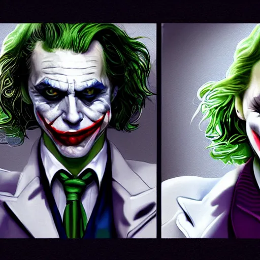 Image similar to the joker holding Margot Robbie printed pictures, digital painting, amazing detail, artstation, cgsociety